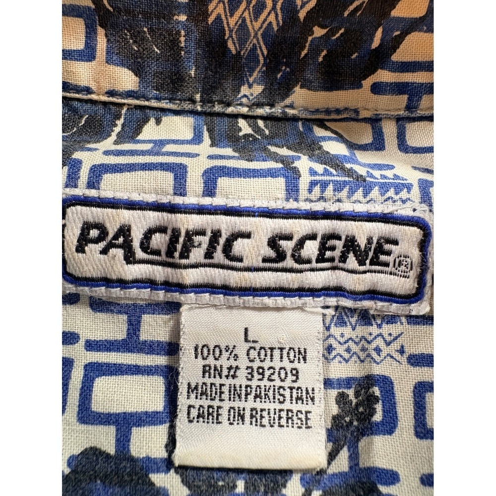 Pacific Scene Hawaiian Shirt Men Large Blue Floral Cotton Short Sleeve Button Up - Picture 4 of 8